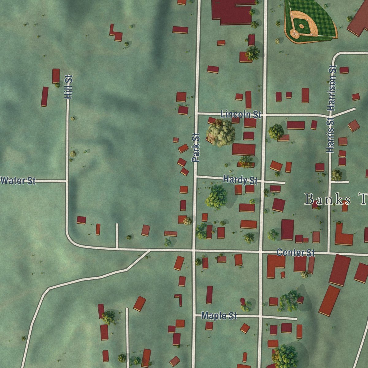 Close-up of the map of Ellsworth, Antrim County, Michigan print showing street and building detail