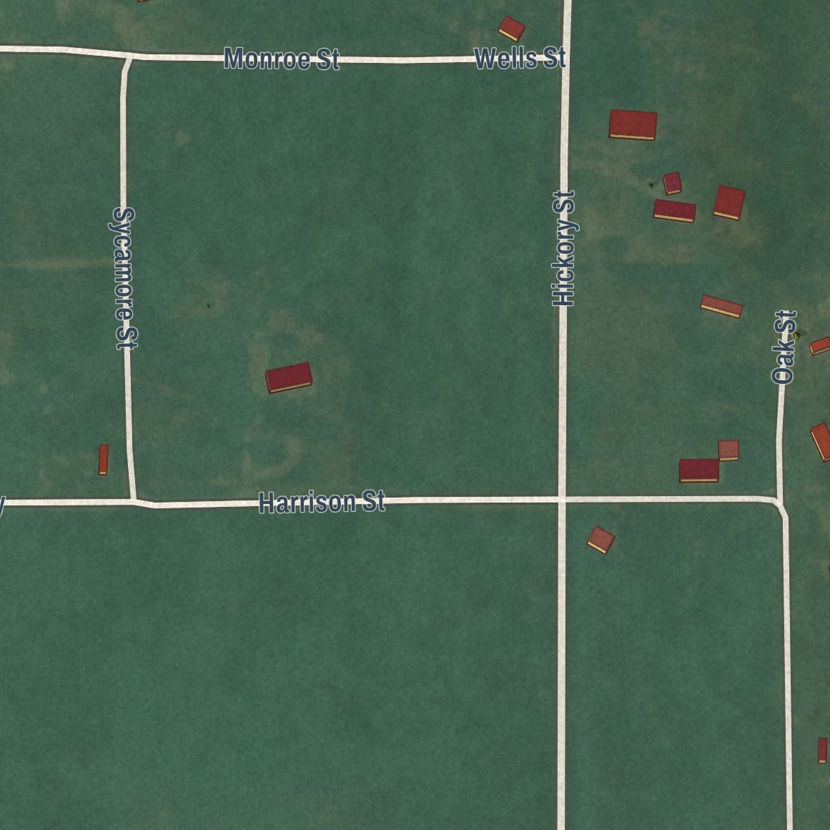 Close-up of the map of Hickory, Oklahoma print showing street and building detail