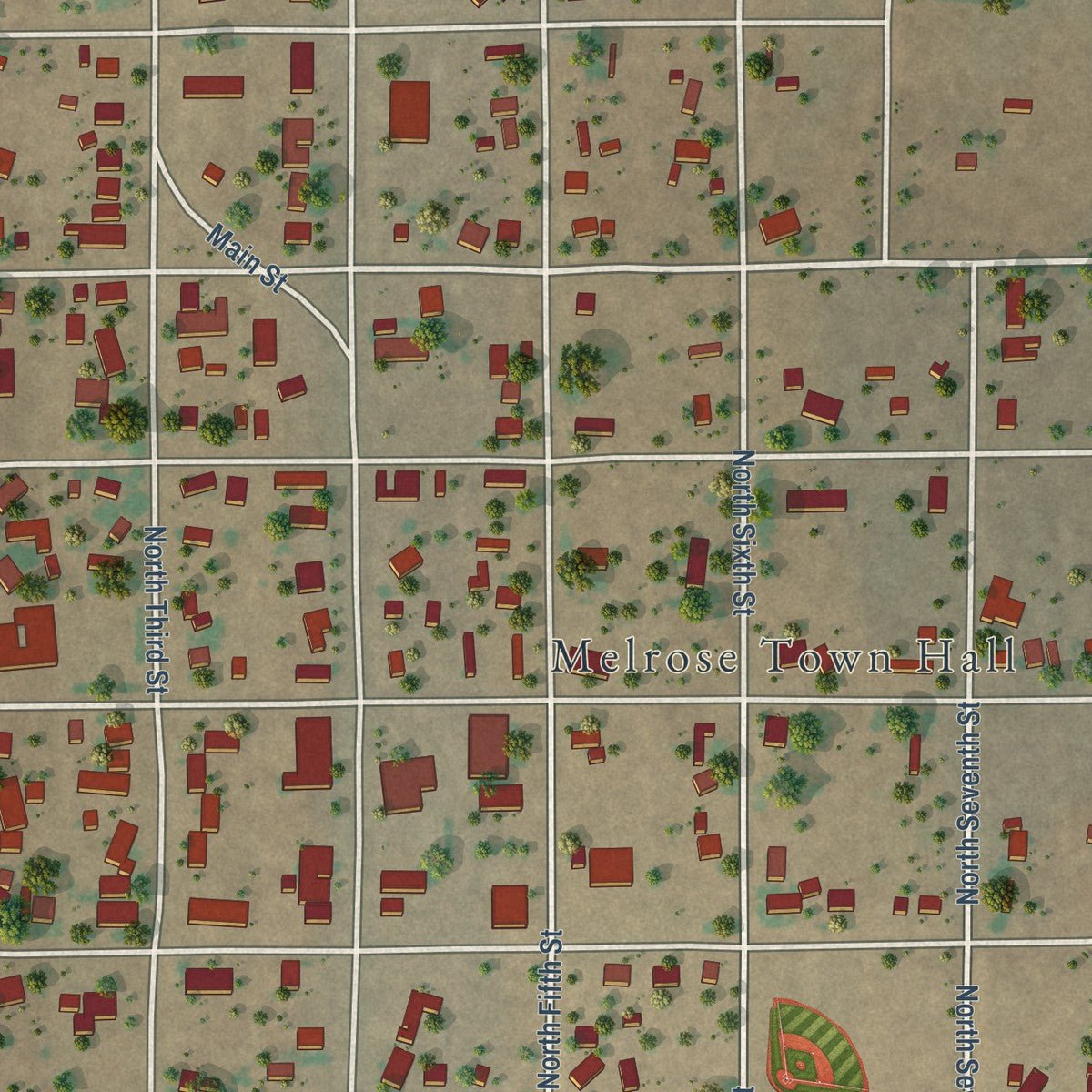 Close-up of the map of Melrose, New Mexico print showing street and building detail