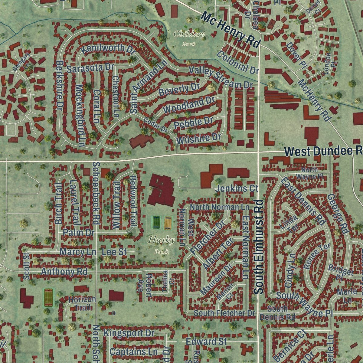 Close-up of the map of Wheeling, Illinois print showing street and building detail