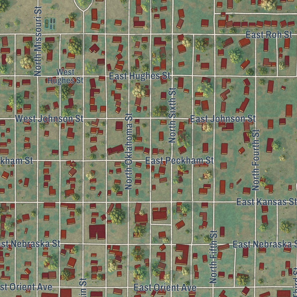 Close-up of the map of Thomas, Oklahoma print showing street and building detail