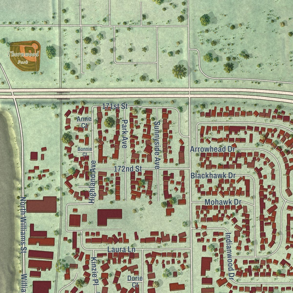 Close-up of the map of Thornton, Illinois print showing street and building detail