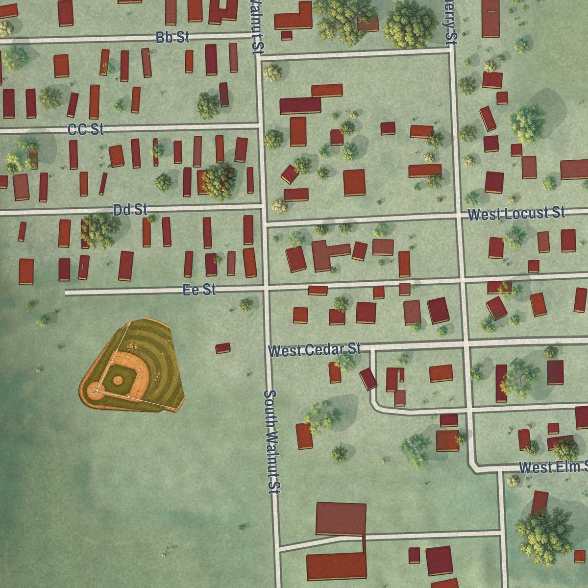 Close-up of the map of Nickerson, Nebraska print showing street and building detail