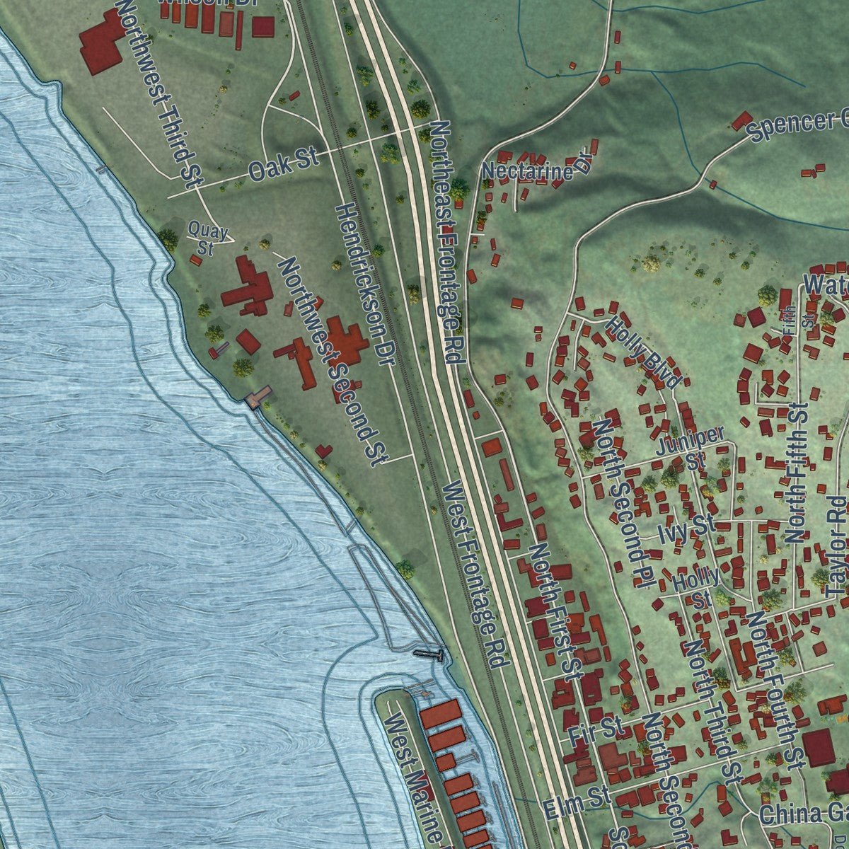 Close-up of the map of Kalama, Washington print showing street and building detail