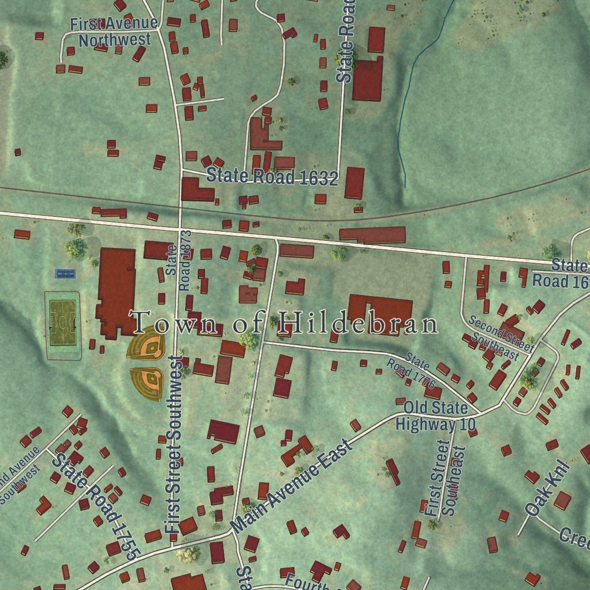 Close-up of the map of Hildebran, North Carolina print showing street and building detail