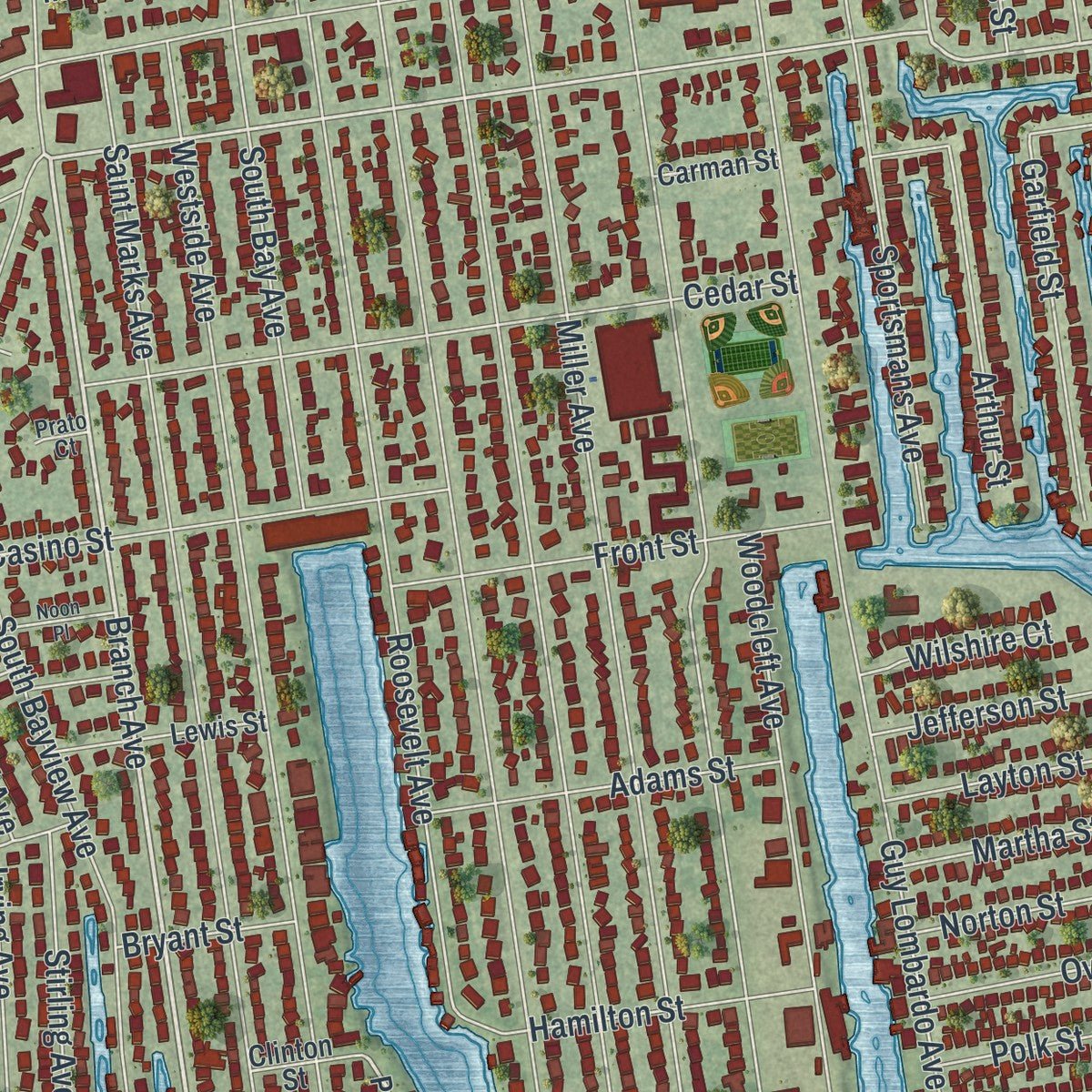 Close-up of the map of Freeport, New York print showing street and building detail