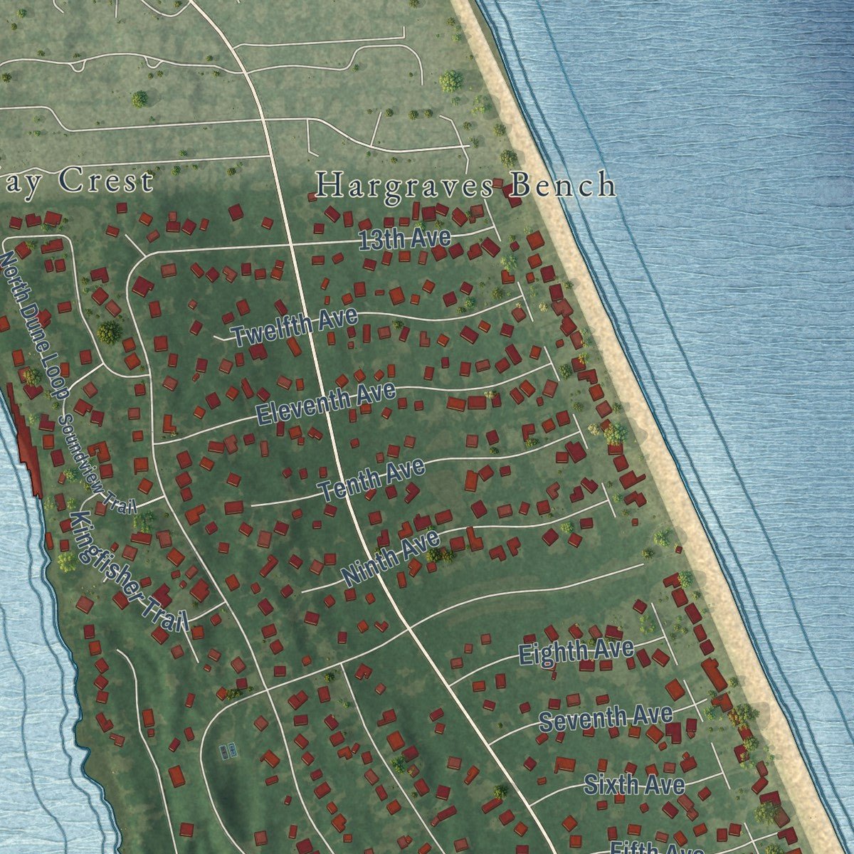 Close-up of the map of Southern Shores, North Carolina print showing street and building detail