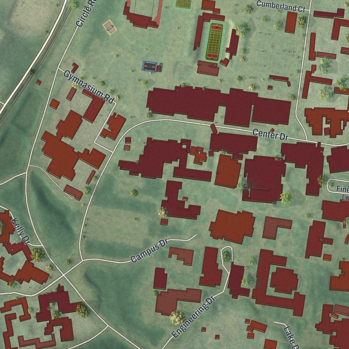 Close-up of the map of Stony Brook University, New York print showing street and building detail
