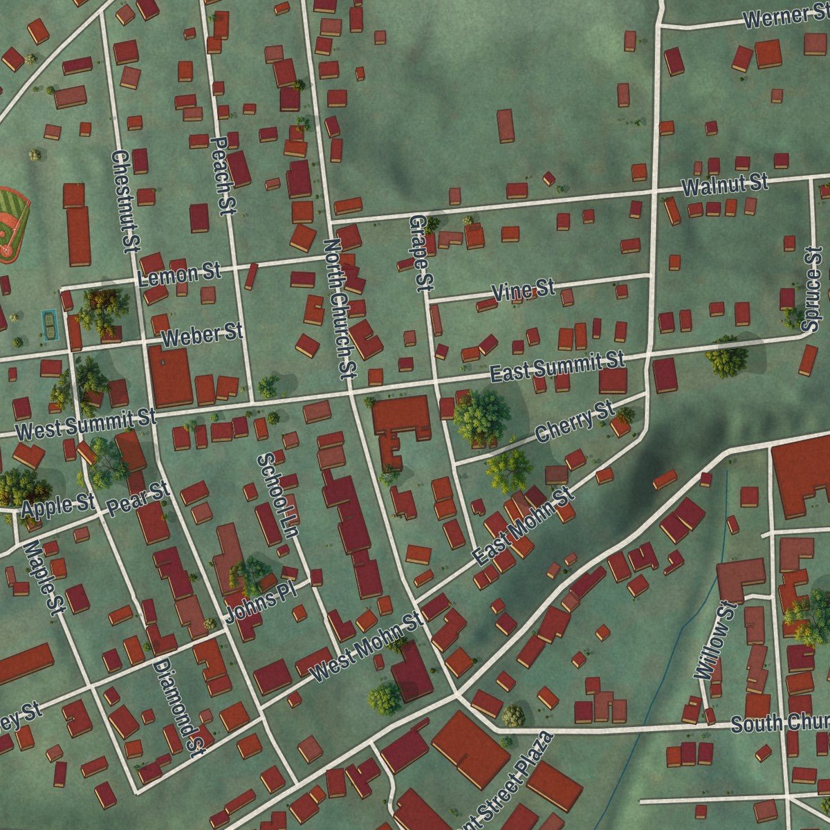 Close-up of the map of Mohnton, Pennsylvania print showing street and building detail