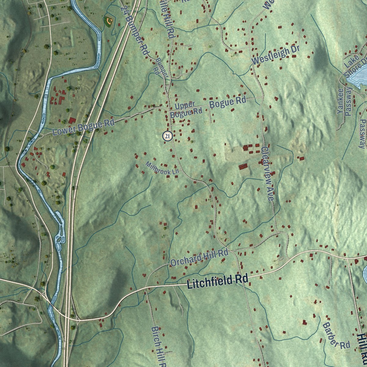Close-up of the map of Harwinton, Connecticut print showing street and building detail