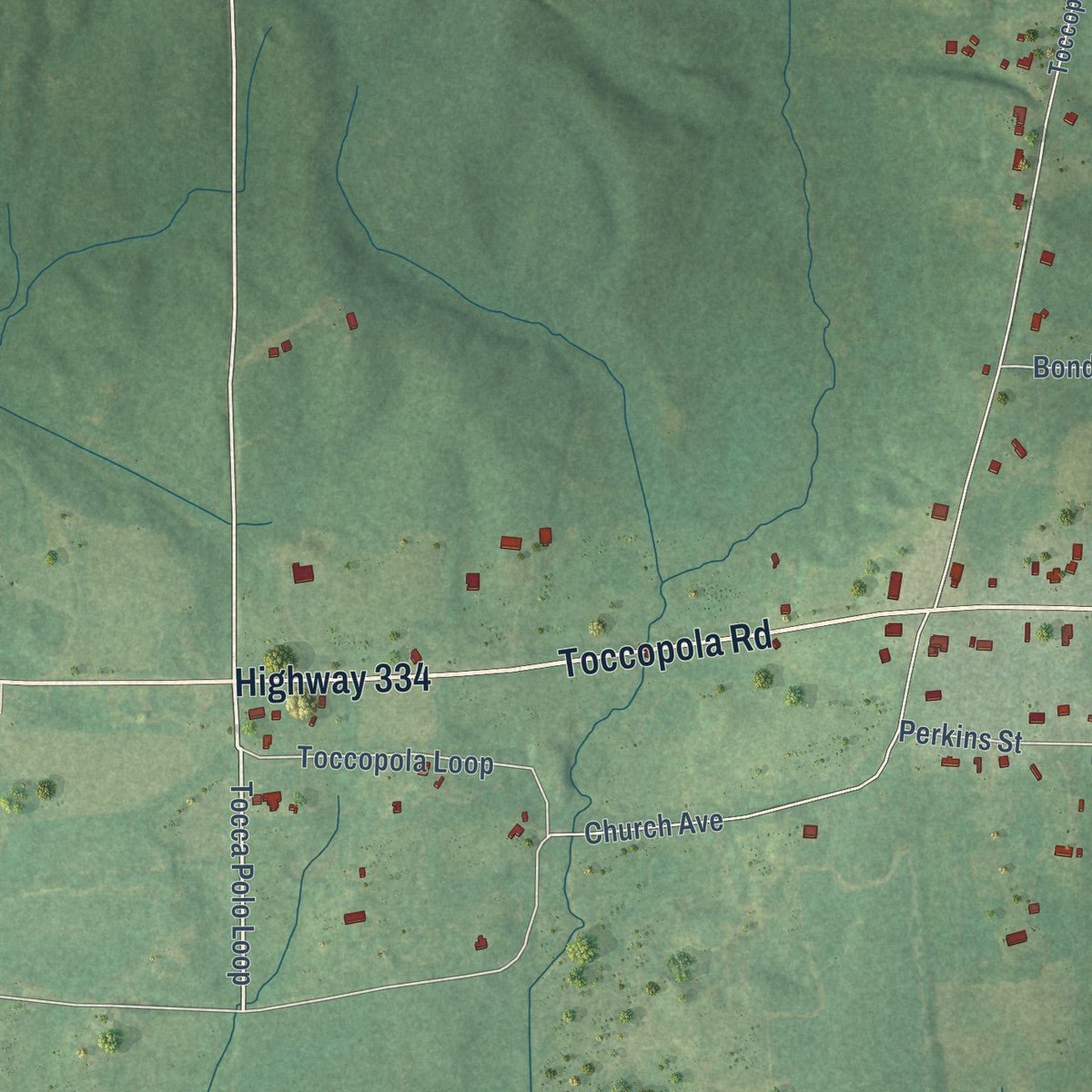 Close-up of the map of Toccopola, Mississippi print showing street and building detail