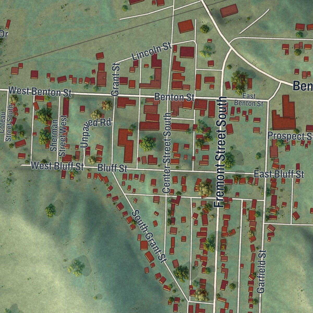 Close-up of the map of Lake Benton, Minnesota print showing street and building detail