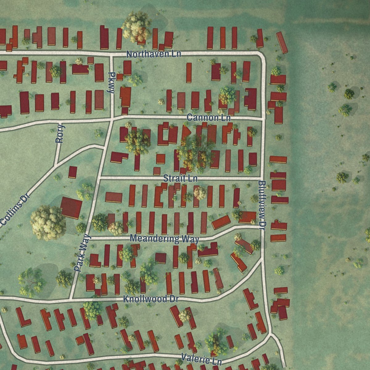 Close-up of the map of Knollwood, Texas print showing street and building detail