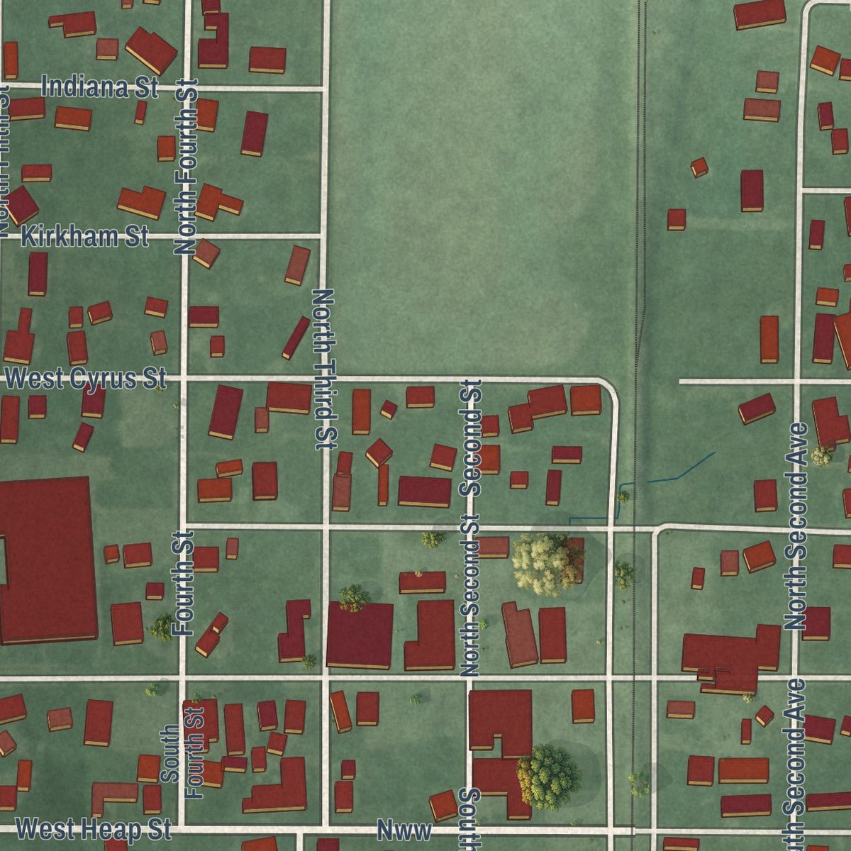Close-up of the map of Farmersburg, Indiana print showing street and building detail