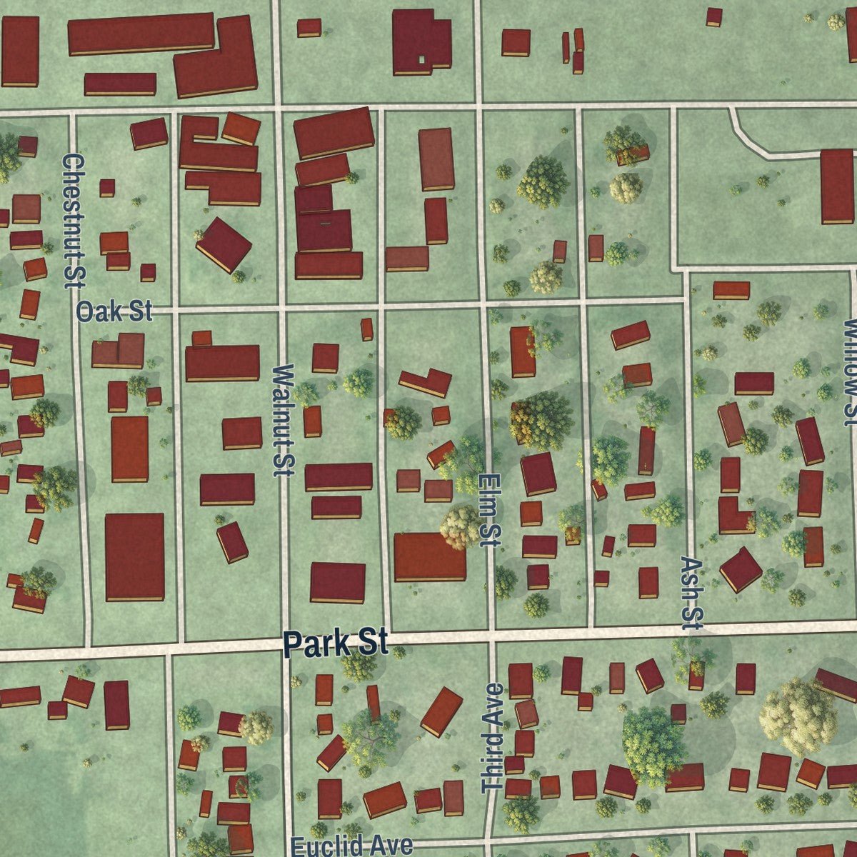 Close-up of the map of Shelby, Nebraska print showing street and building detail