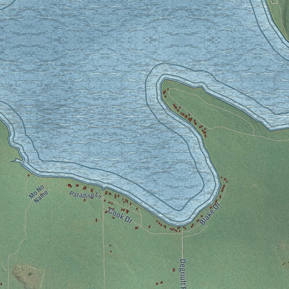 Close-up of the map of Carp Lake, Emmet County, Michigan print showing street and building detail