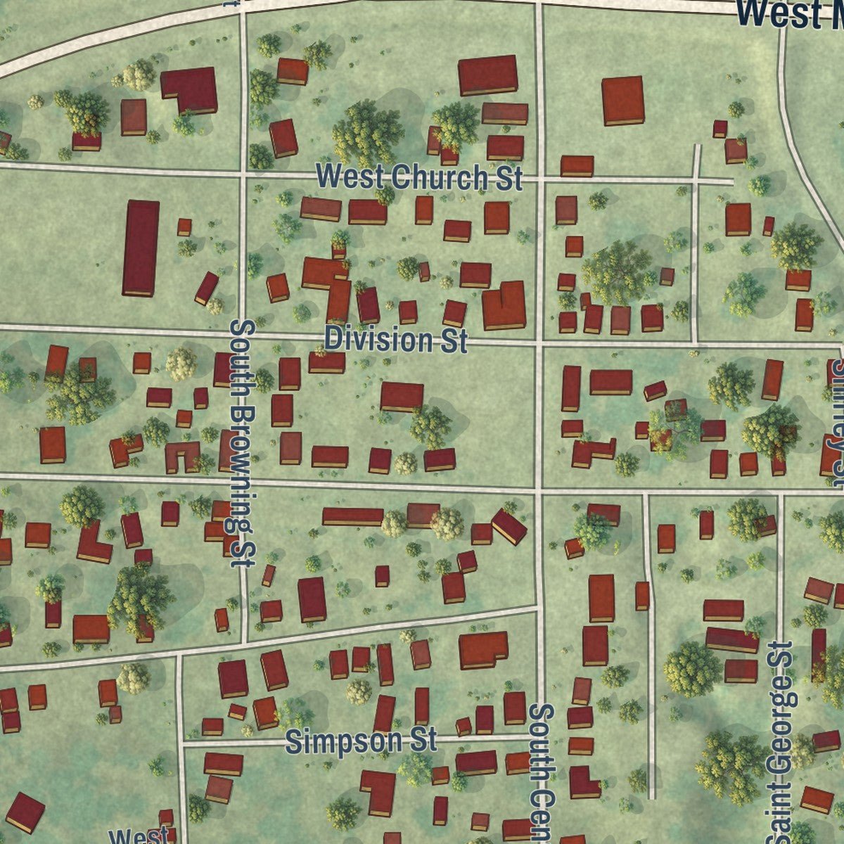 Close-up of the map of West City, Illinois print showing street and building detail
