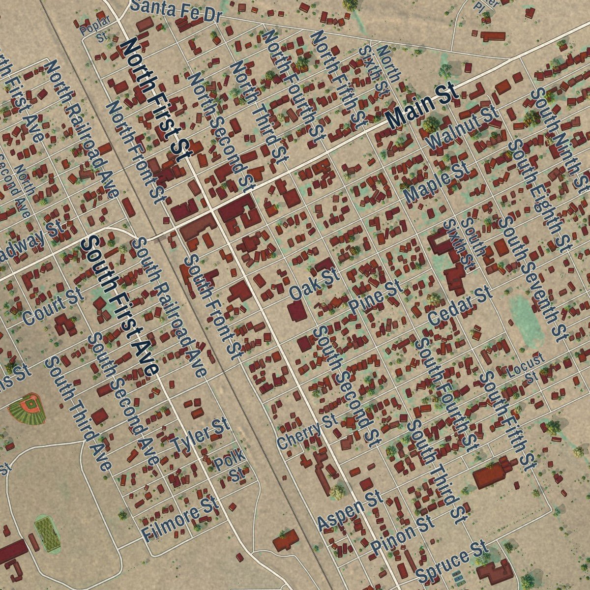 Close-up of the map of Clayton, New Mexico print showing street and building detail