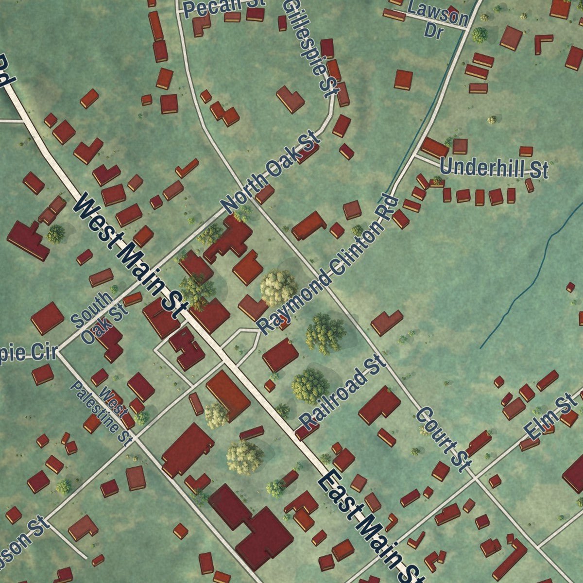 Close-up of the map of Raymond, Mississippi print showing street and building detail