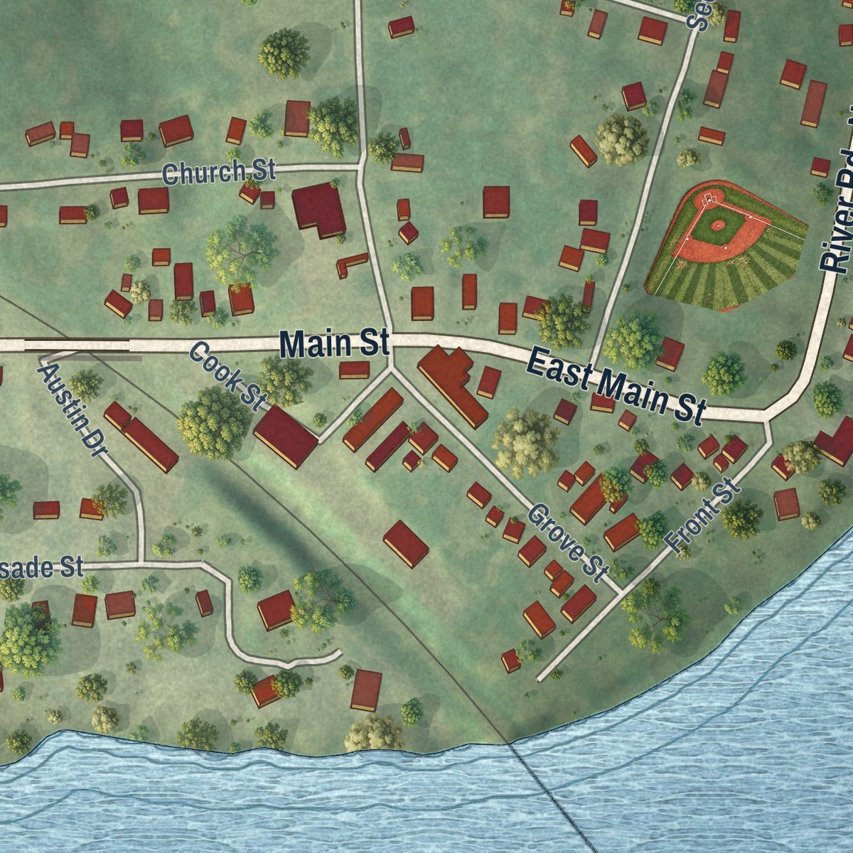 Close-up of the map of Merrimac, Wisconsin print showing street and building detail