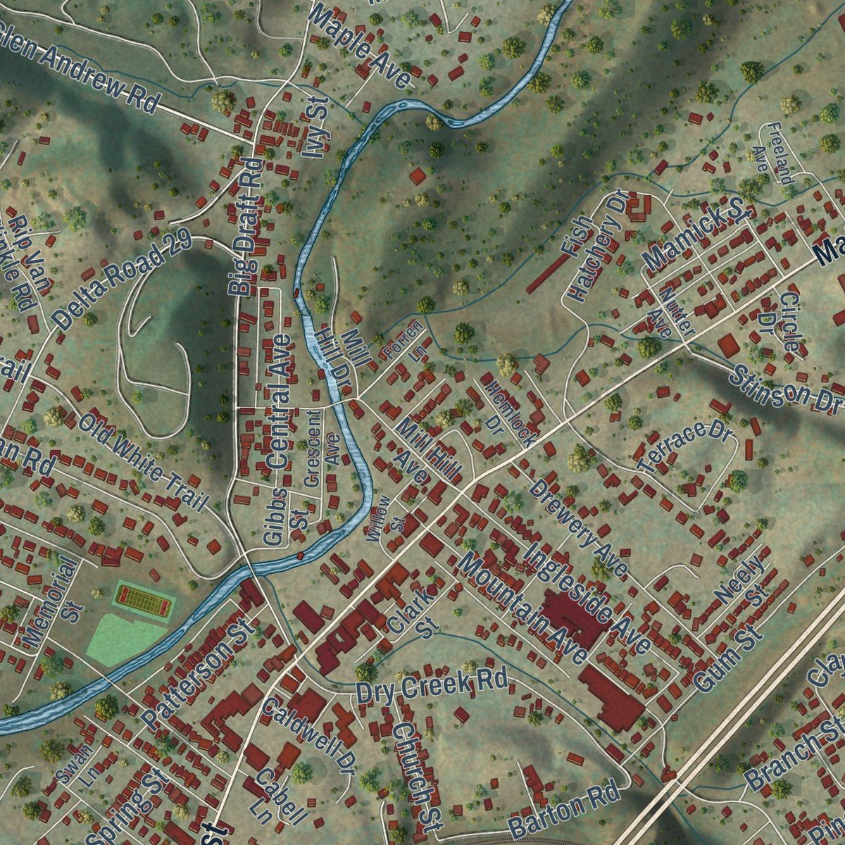 Close-up of the map of White Sulphur Springs, West Virginia print showing street and building detail