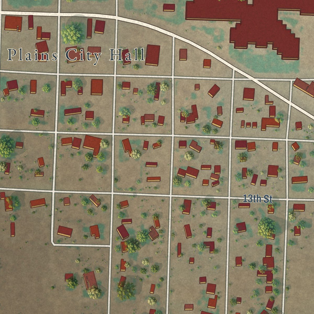 Close-up of the map of Plains, Texas print showing street and building detail