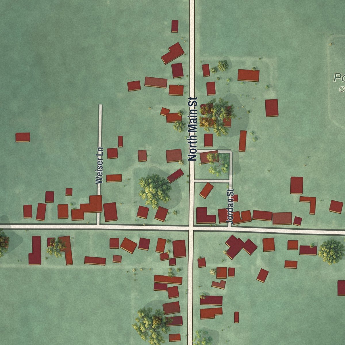 Close-up of the map of Potsdam, Ohio print showing street and building detail