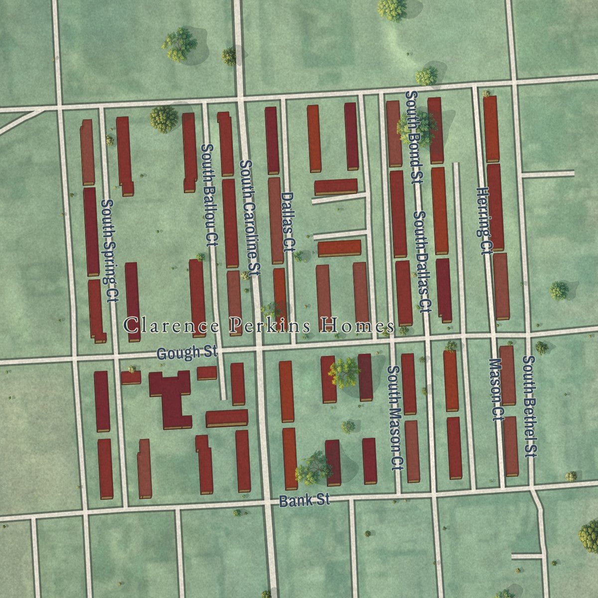 Close-up of the map of Perkins, Maryland print showing street and building detail