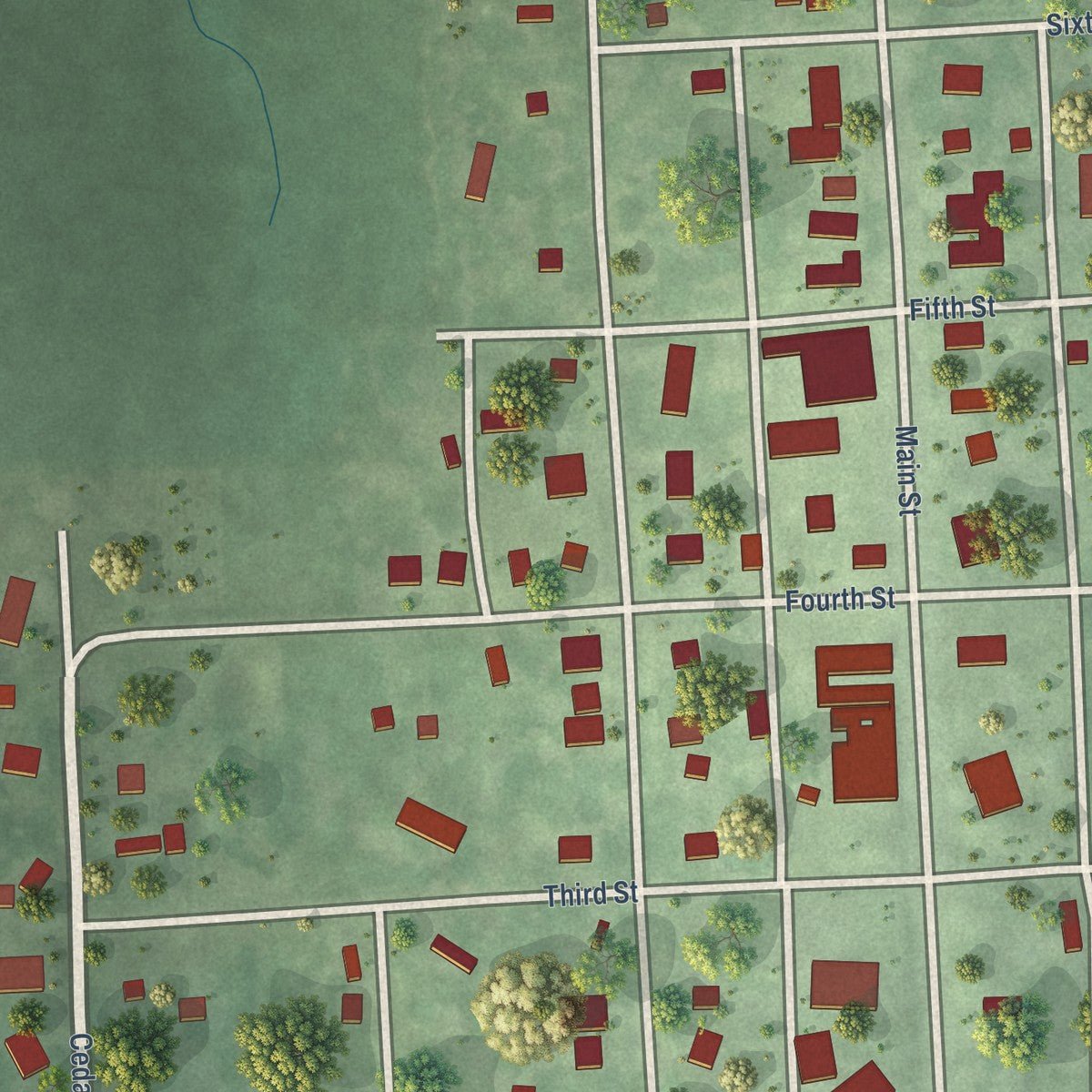 Close-up of the map of Shubert, Nebraska print showing street and building detail
