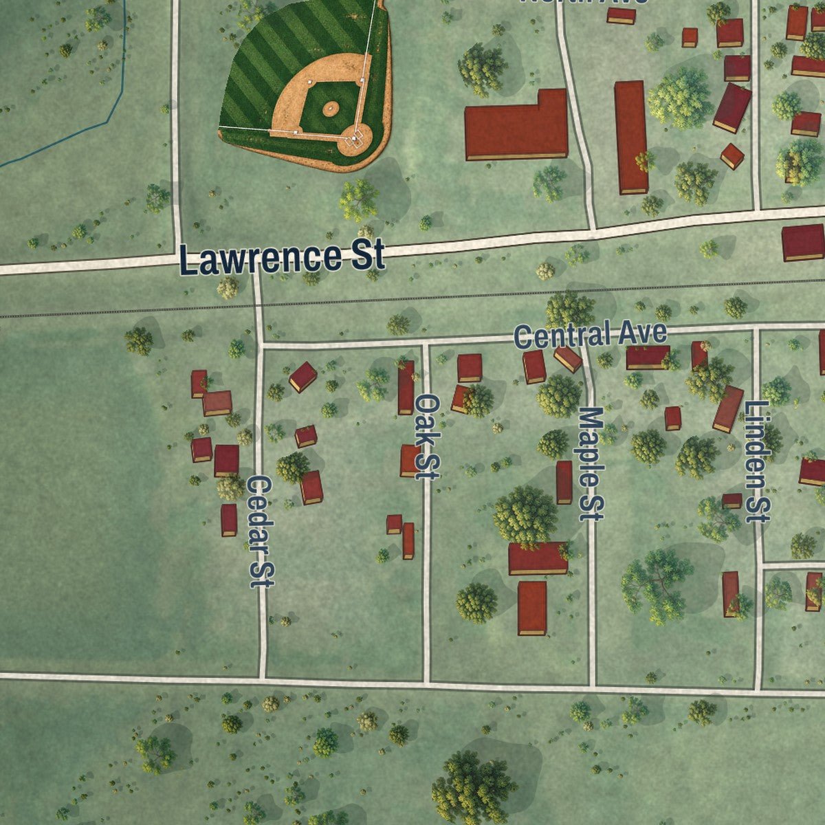 Close-up of the map of Tony, Wisconsin print showing street and building detail