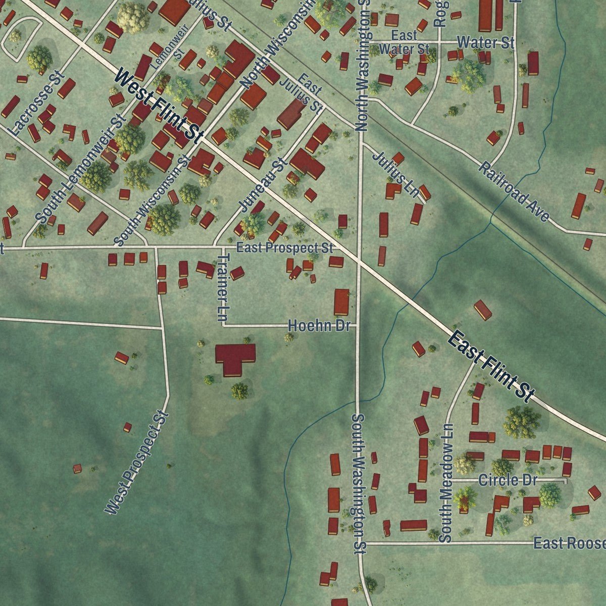 Close-up of the map of Lyndon Station, Wisconsin print showing street and building detail