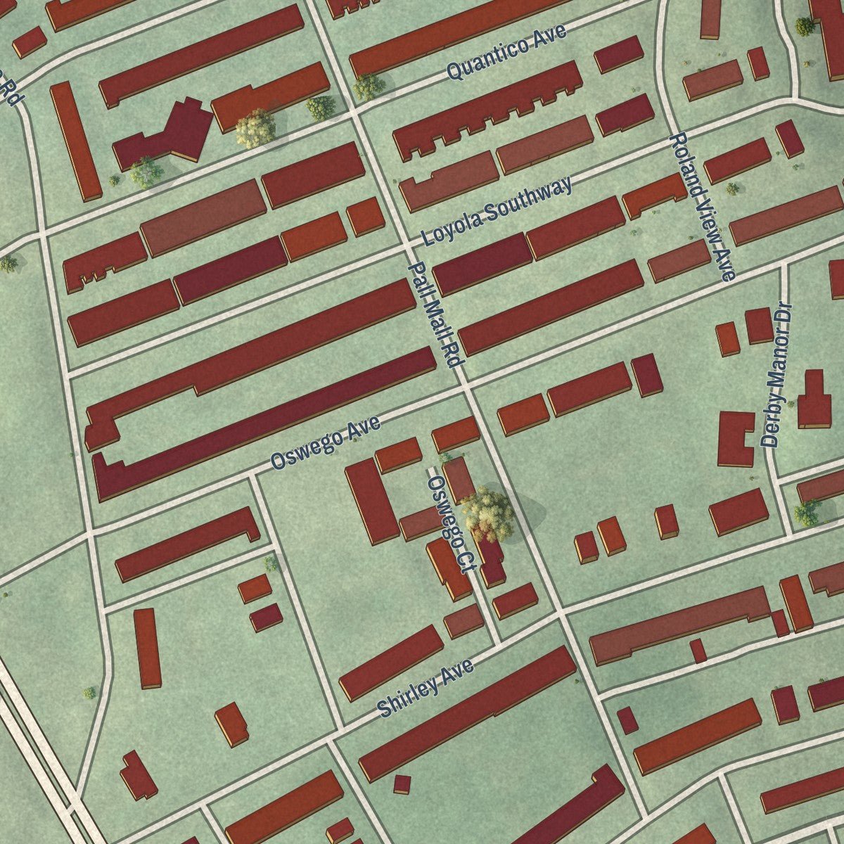 Close-up of the map of Greenspring, Maryland print showing street and building detail