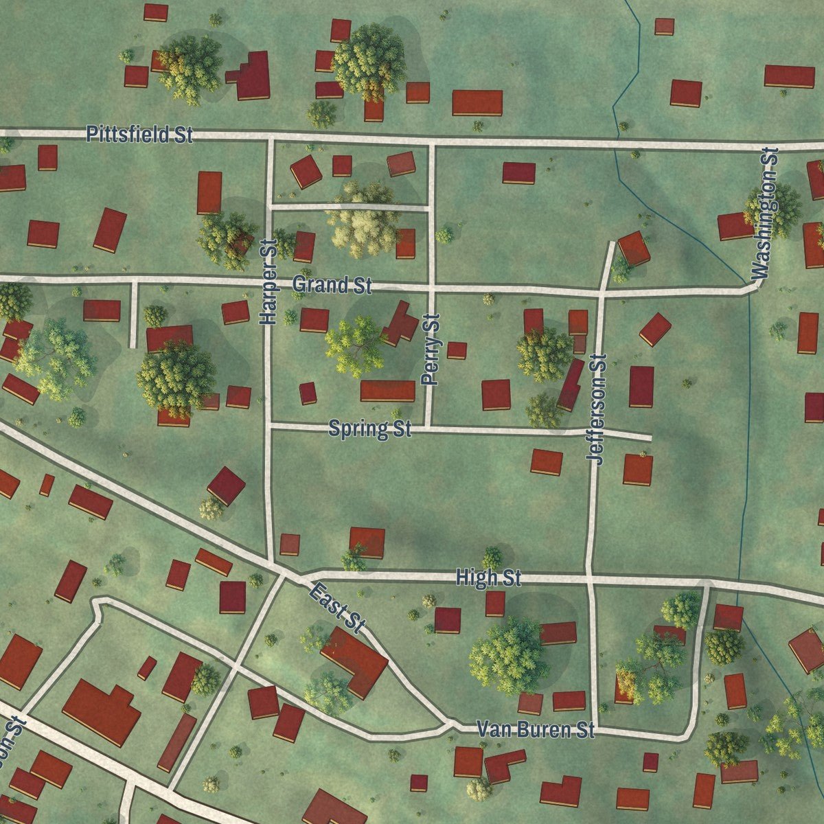 Close-up of the map of Kinderhook, Illinois print showing street and building detail