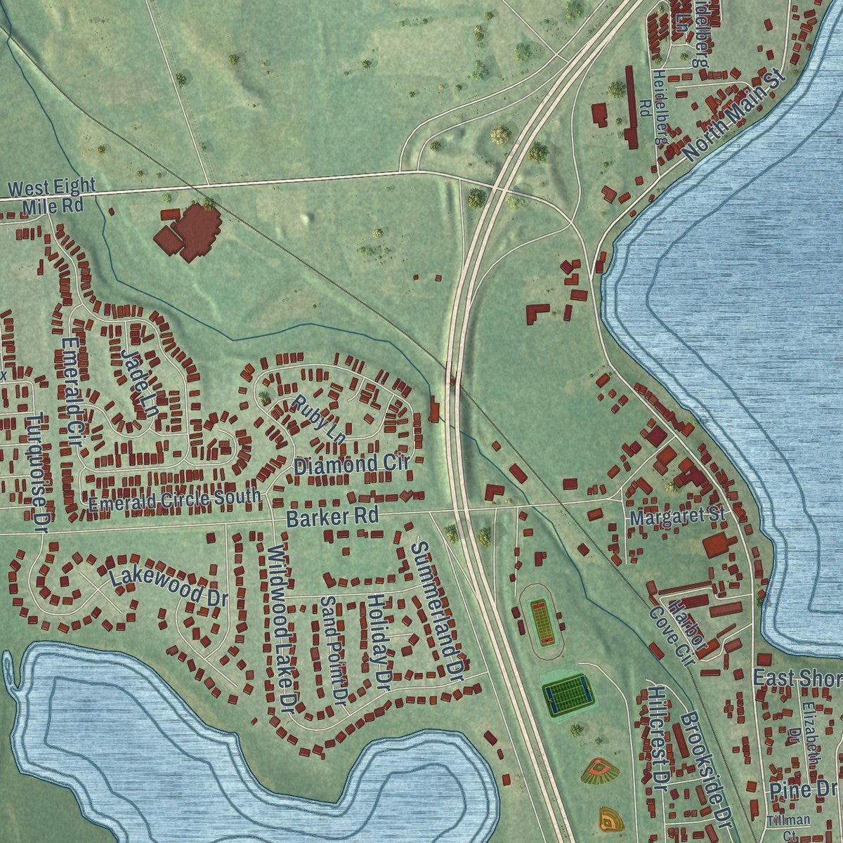 Close-up of the map of Whitmore Lake, Michigan print showing street and building detail