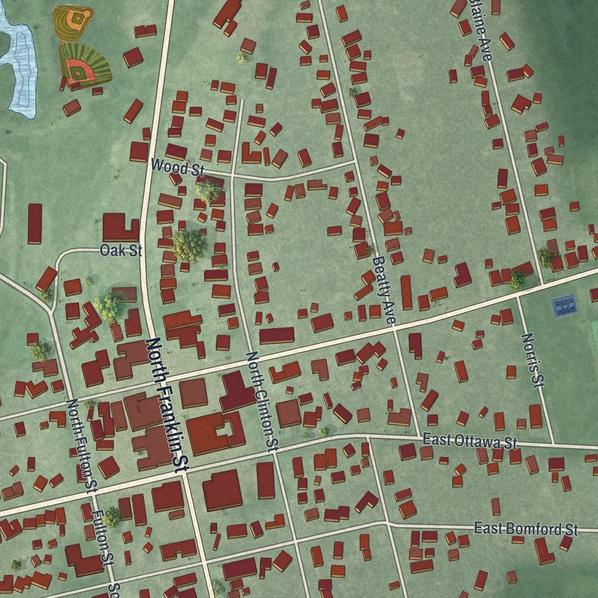 Close-up of the map of Richwood, Ohio print showing street and building detail