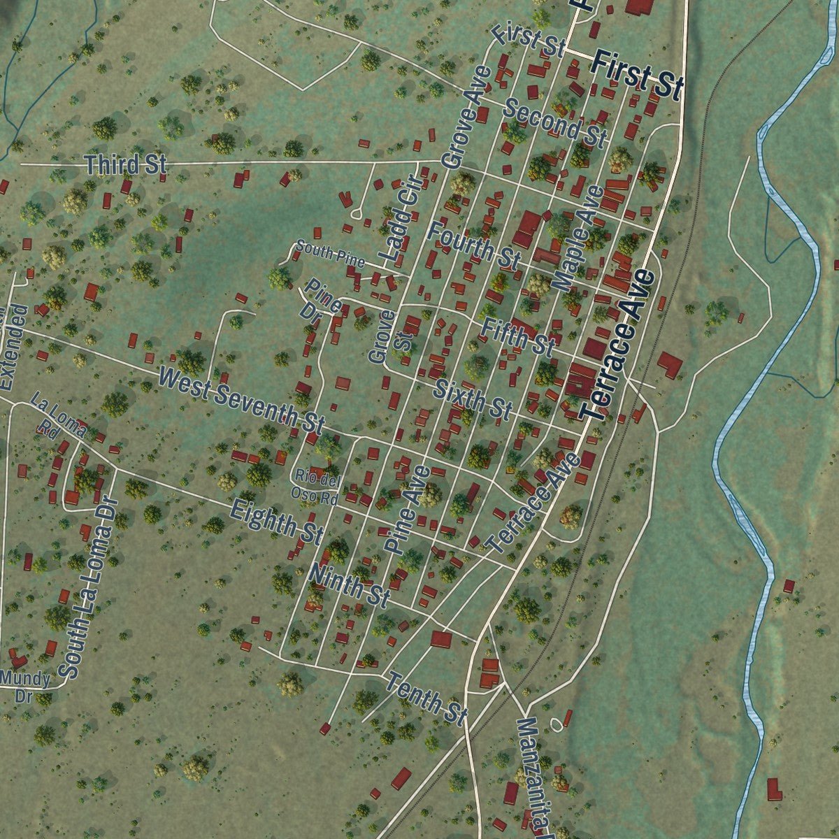 Close-up of the map of Chama, New Mexico print showing street and building detail
