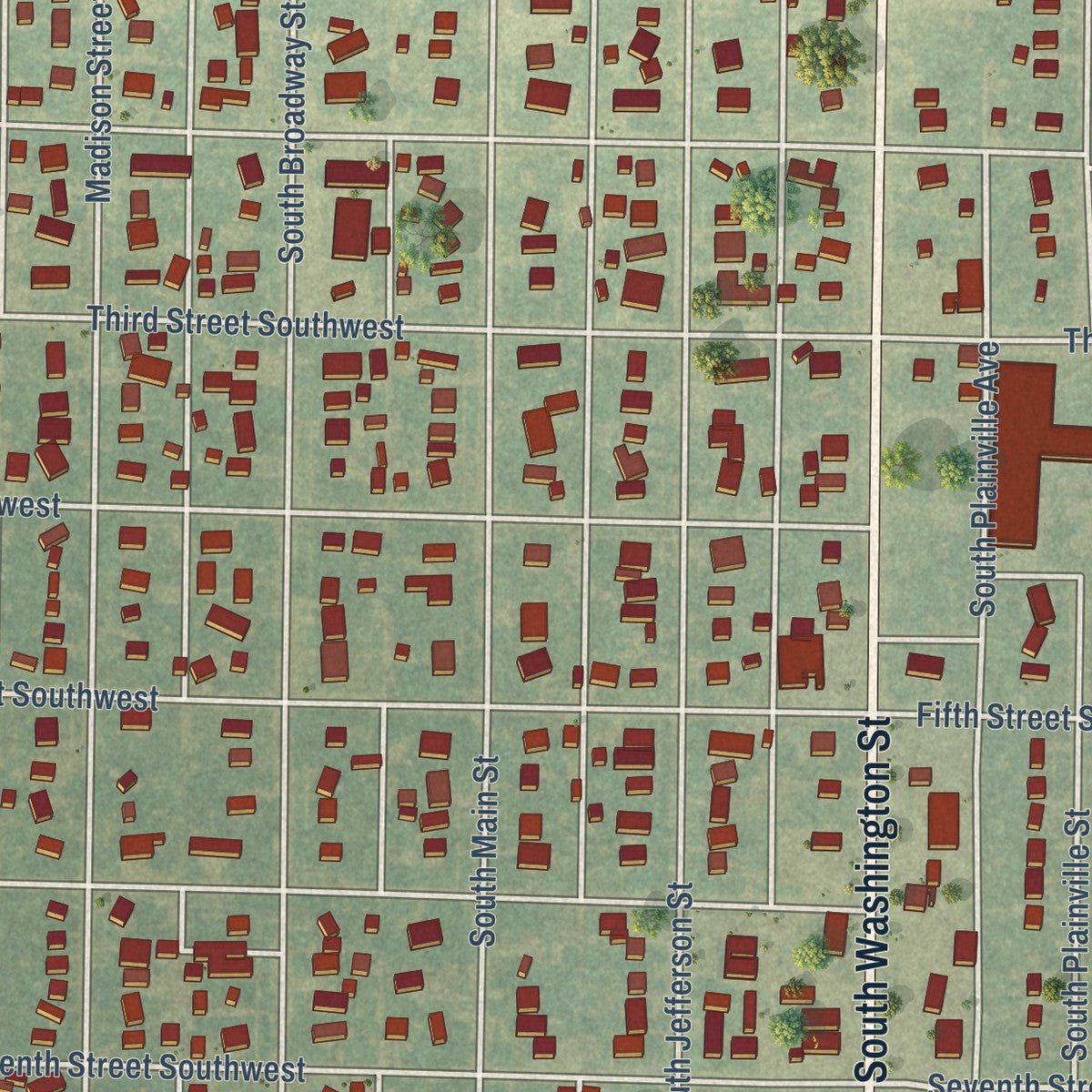 Close-up of the map of Plainville, Kansas print showing street and building detail