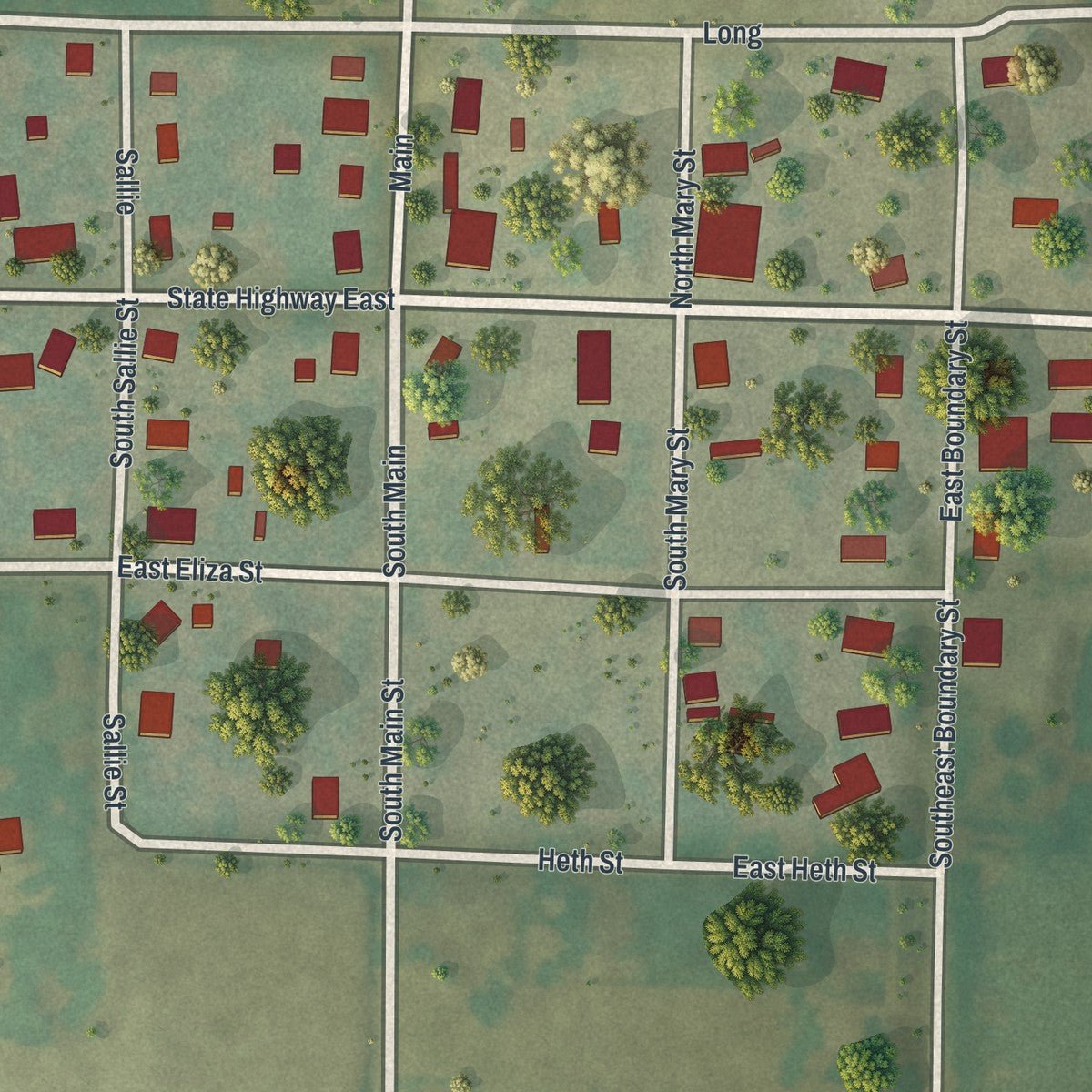 Close-up of the map of Mayview, Missouri print showing street and building detail
