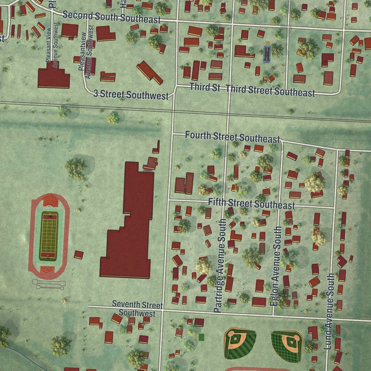 Close-up of the map of Glyndon, Minnesota print showing street and building detail