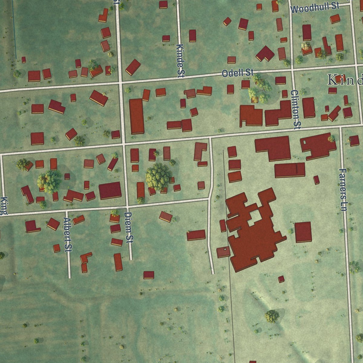 Close-up of the map of Kinde, Michigan print showing street and building detail