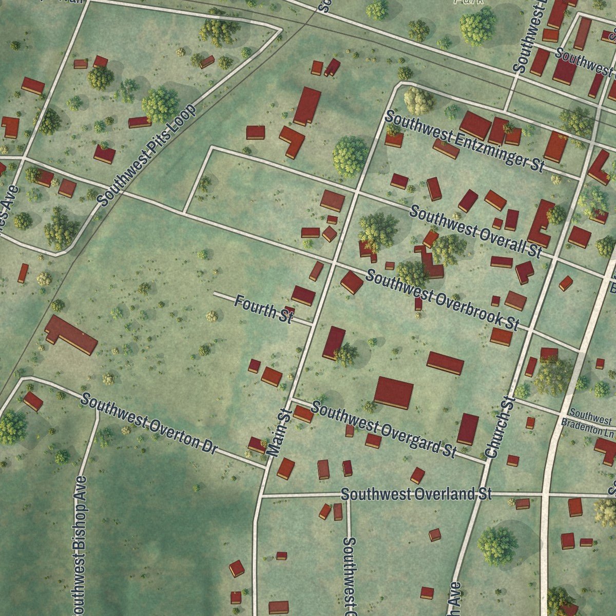 Close-up of the map of Greenville, Florida print showing street and building detail