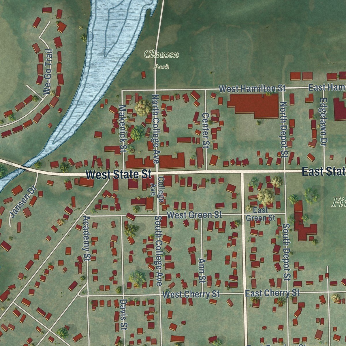 Close-up of the map of Fox Lake, Wisconsin print showing street and building detail