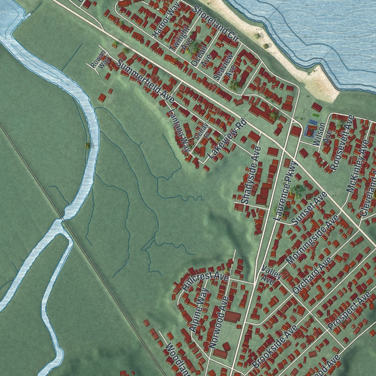 Close-up of the map of Laurence Harbor, New Jersey print showing street and building detail
