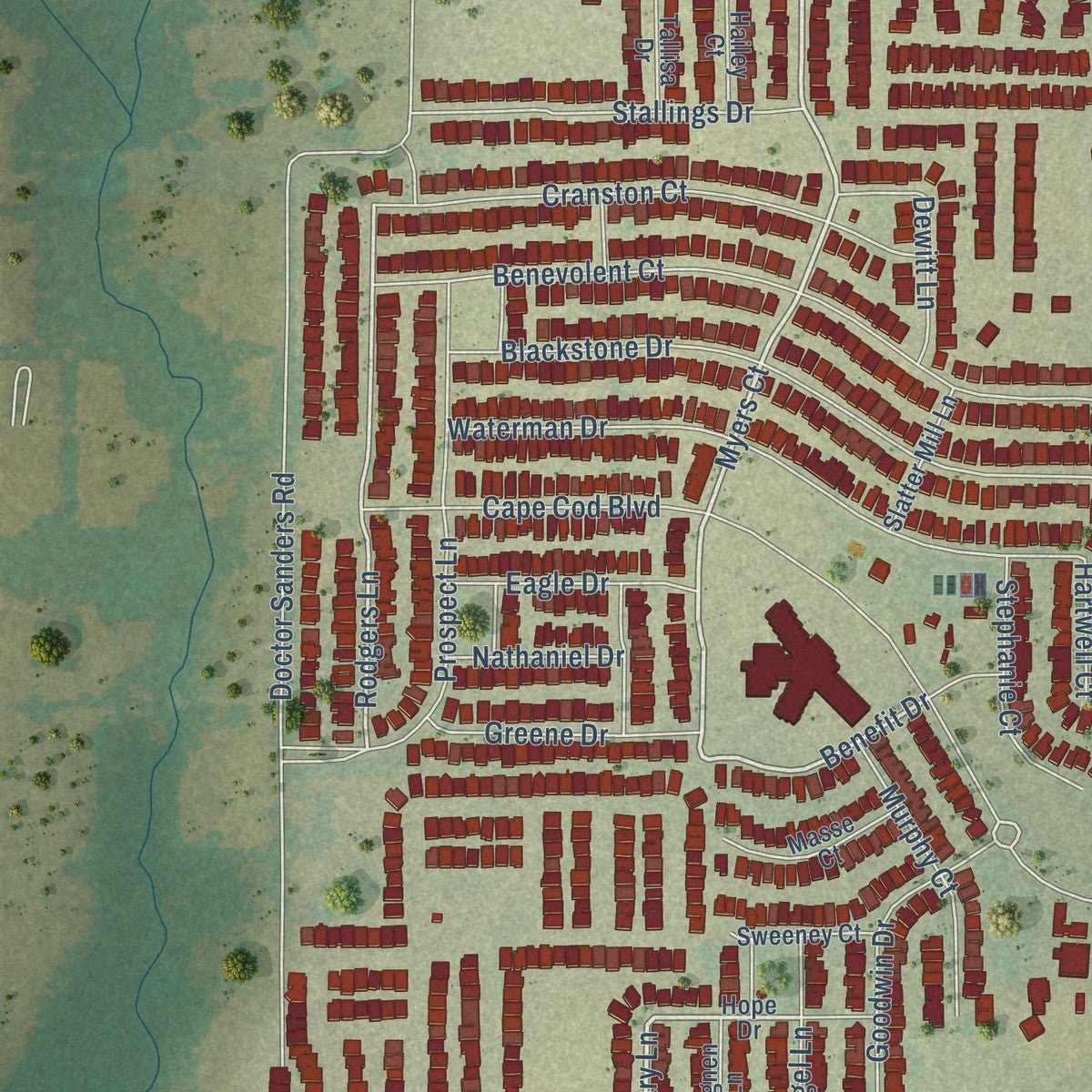 Close-up of the map of Providence Village, Texas print showing street and building detail