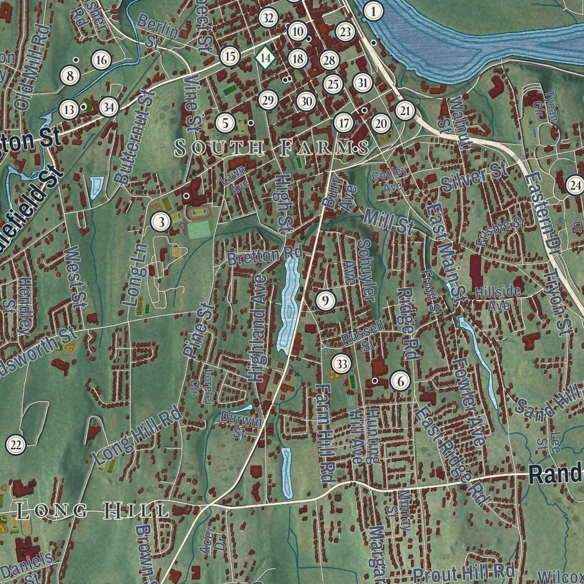 Close-up of the map of Middletown, Connecticut print showing street and building detail