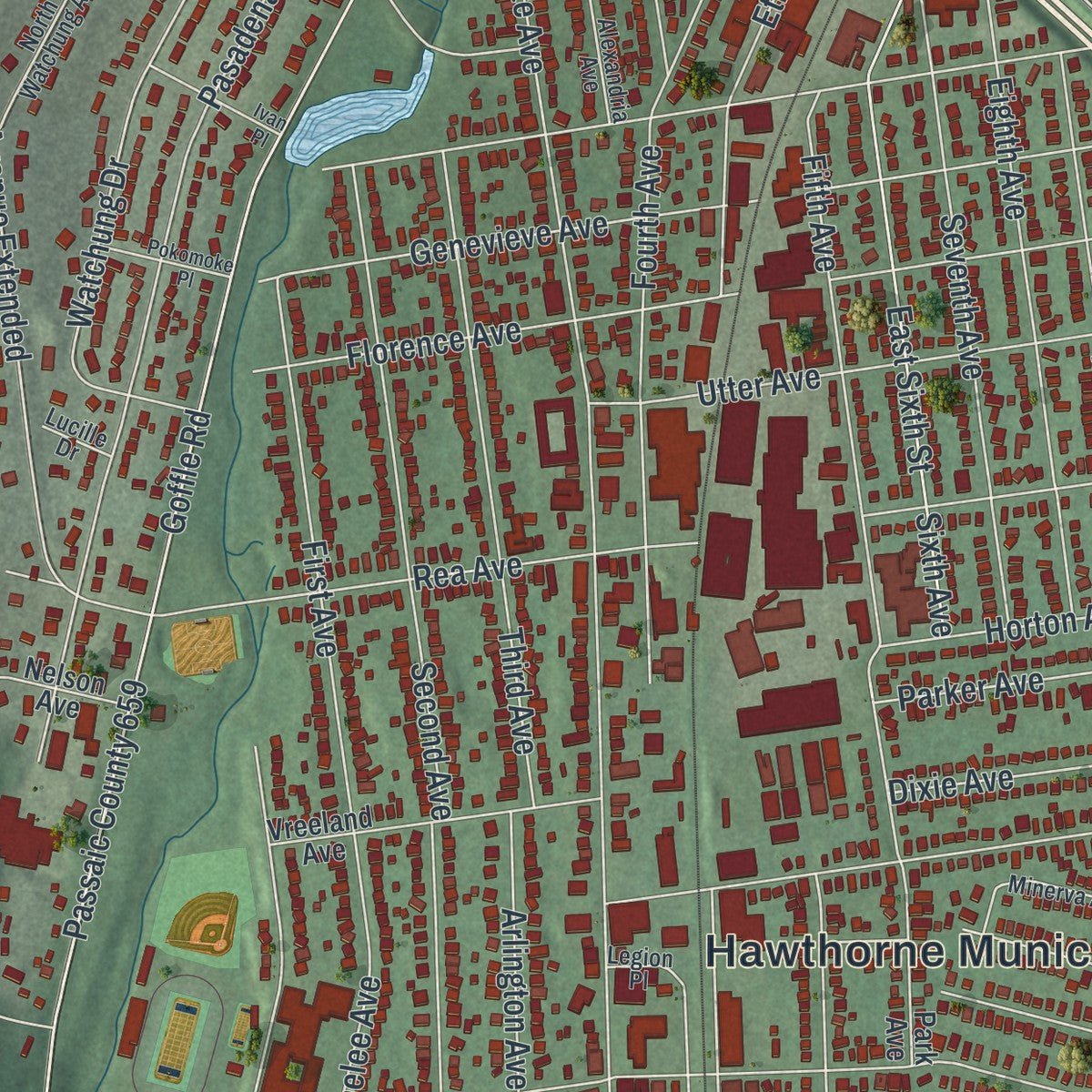 Close-up of the map of Hawthorne, New Jersey print showing street and building detail