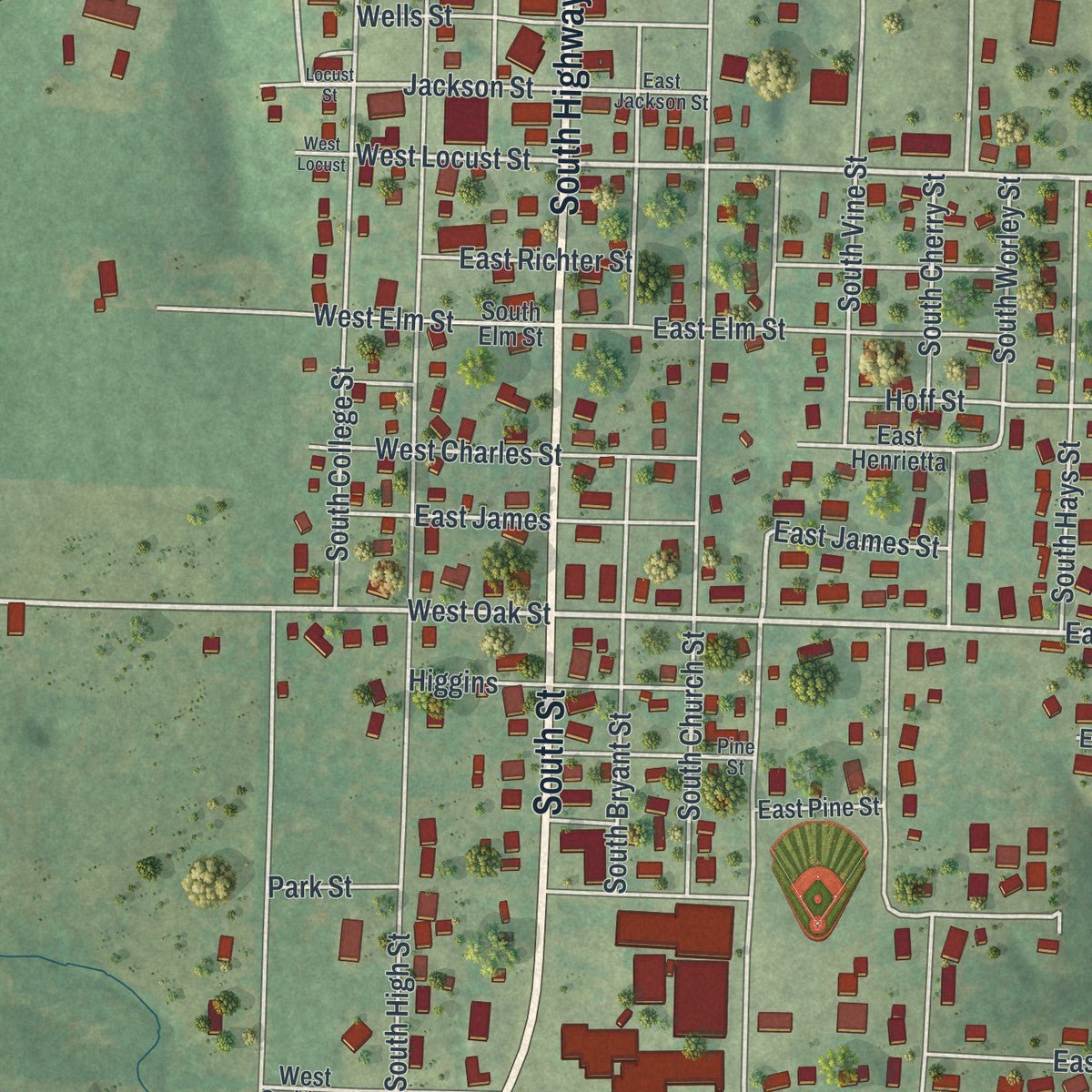 Close-up of the map of Stockton, Missouri print showing street and building detail