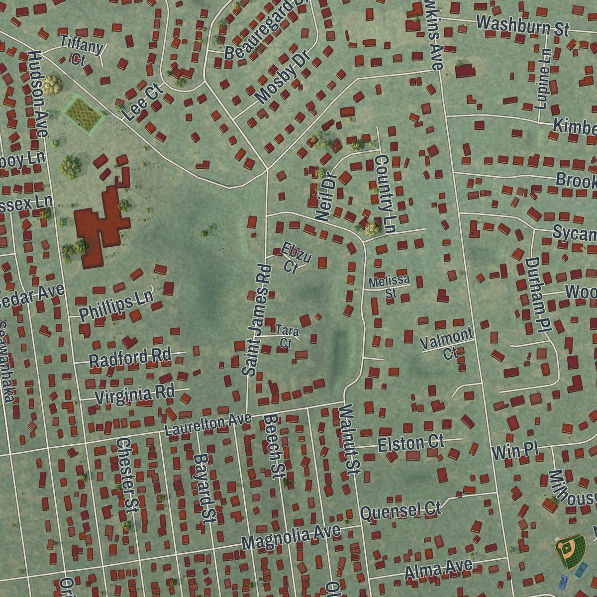 Close-up of the map of Lake Grove, New York print showing street and building detail
