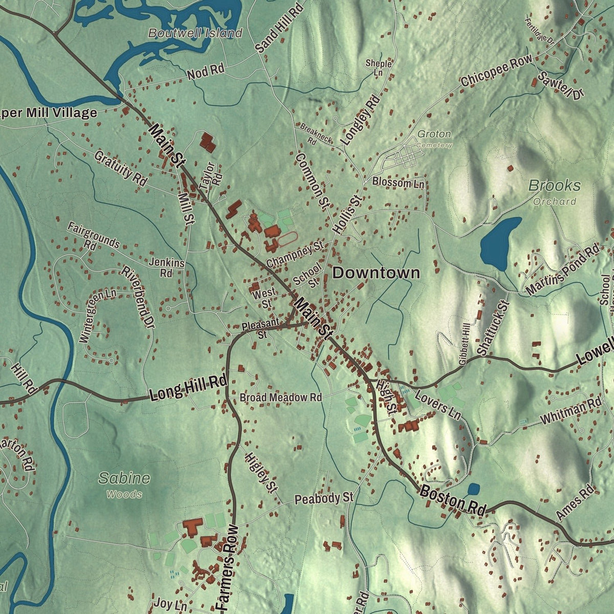 Close-up of the map of Groton, Massachusetts print showing streets and neighborhoods