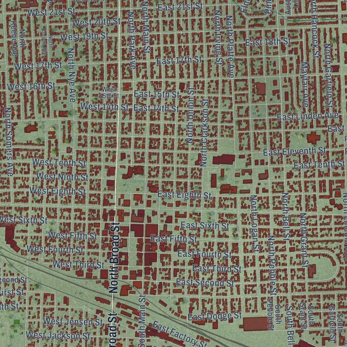 Close-up of the map of Fremont, Nebraska print showing street and building detail